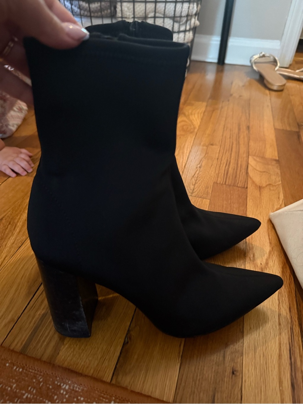 Jeffrey Campbell Black Pointed Block-Heel Sock Boots, 3.5 in heel